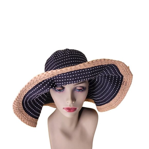 BIG Brim Black White Natural Straw colored Raffia Edged Floppy Hat - Picture 5 of 10